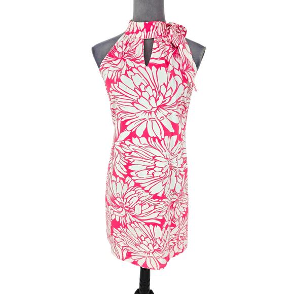 Katherine Way Dress Womens Medium Pink White Floral Stretch Knit Bow at Neck - Picture 1 of 11